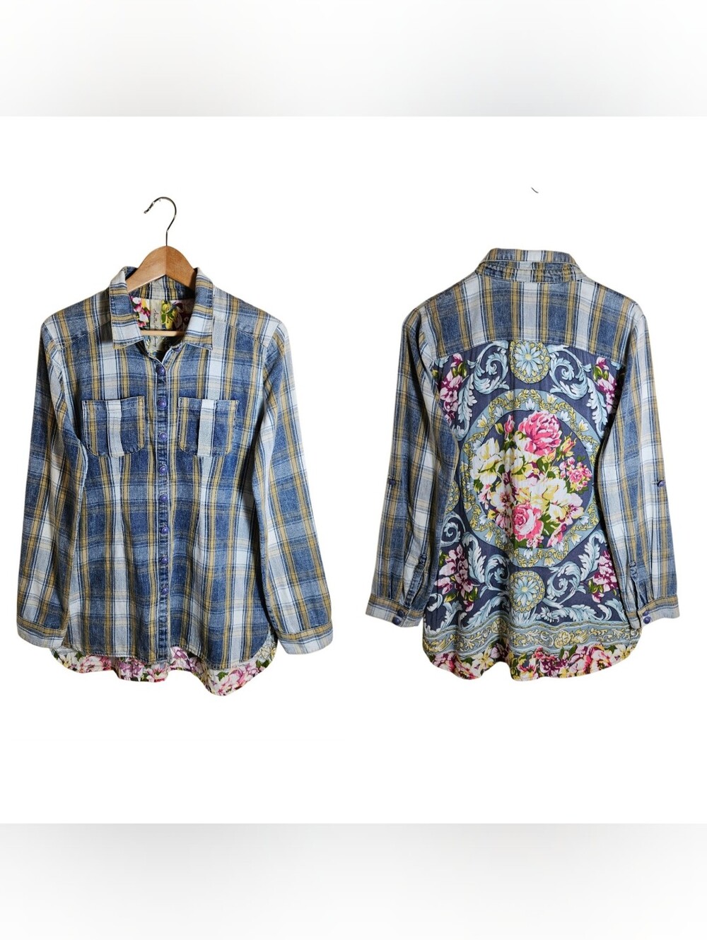 Aratta Silent Journey Boho Floral Denim Mixed Media Plaid Button Long Sleeve M
